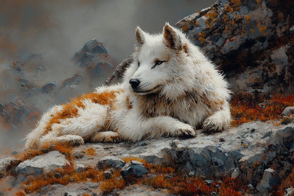 Rustende hond op rotsen behang