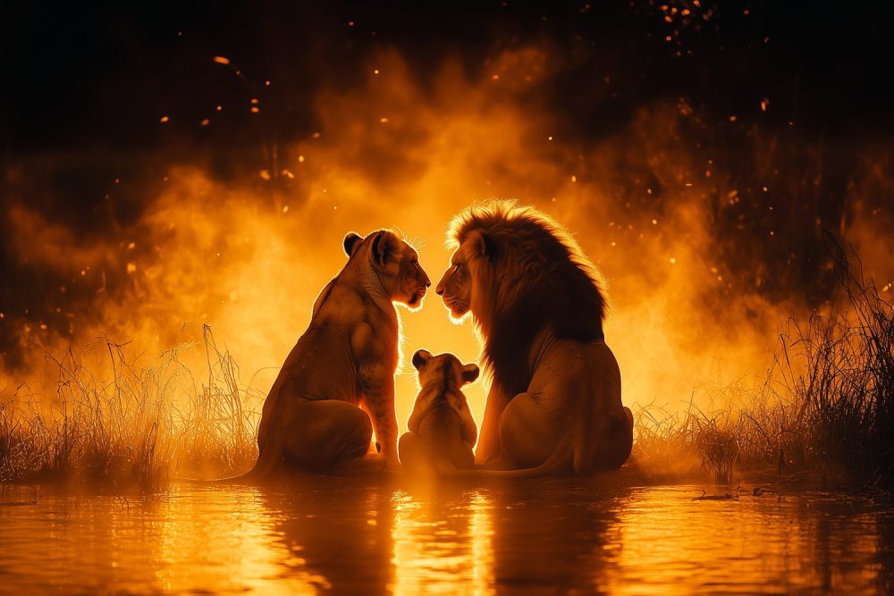 Lionenfamilie bij zonsondergang behang