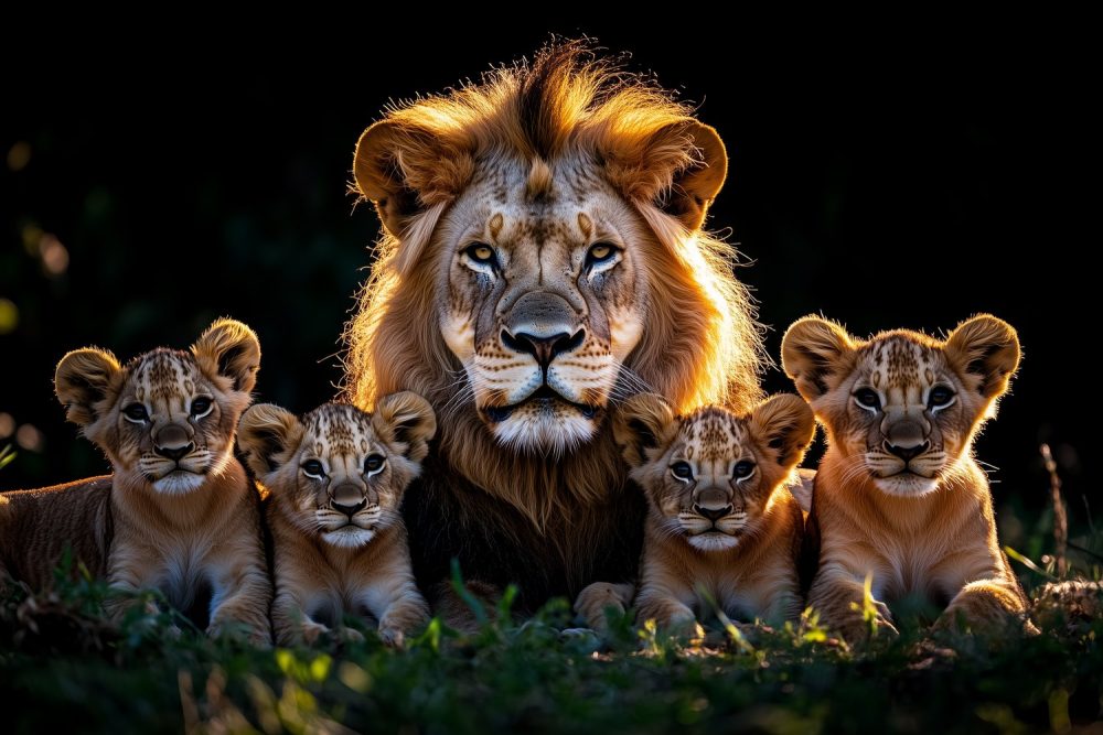 Leeuwenfamilie in grasveld behang