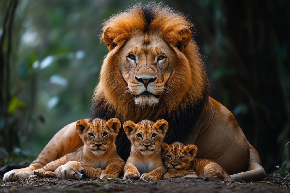 Lionenfamilie in bosrust behang
