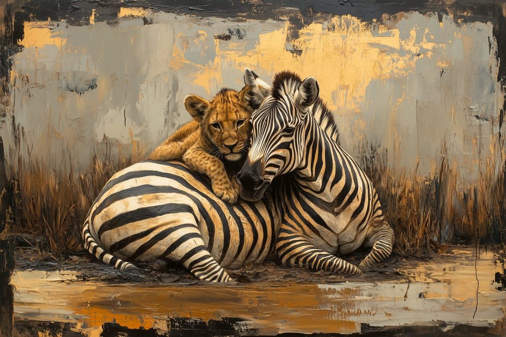 Lieve leeuw en zebra behang