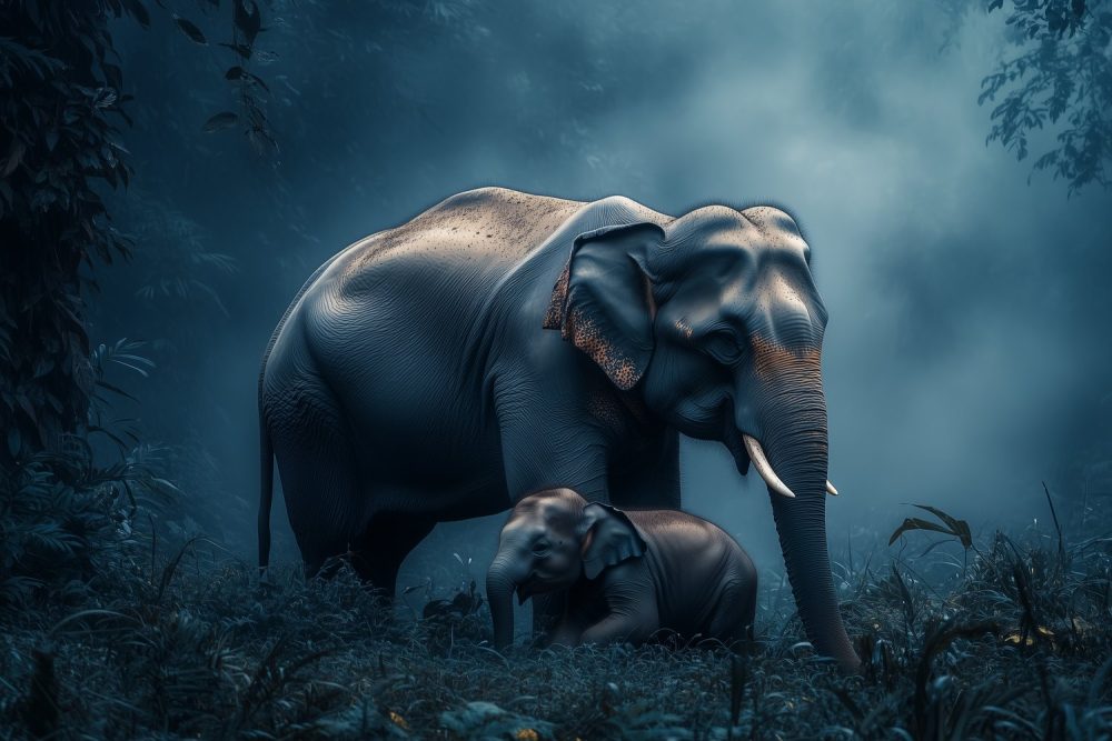 Moeder en baby olifantbos behang