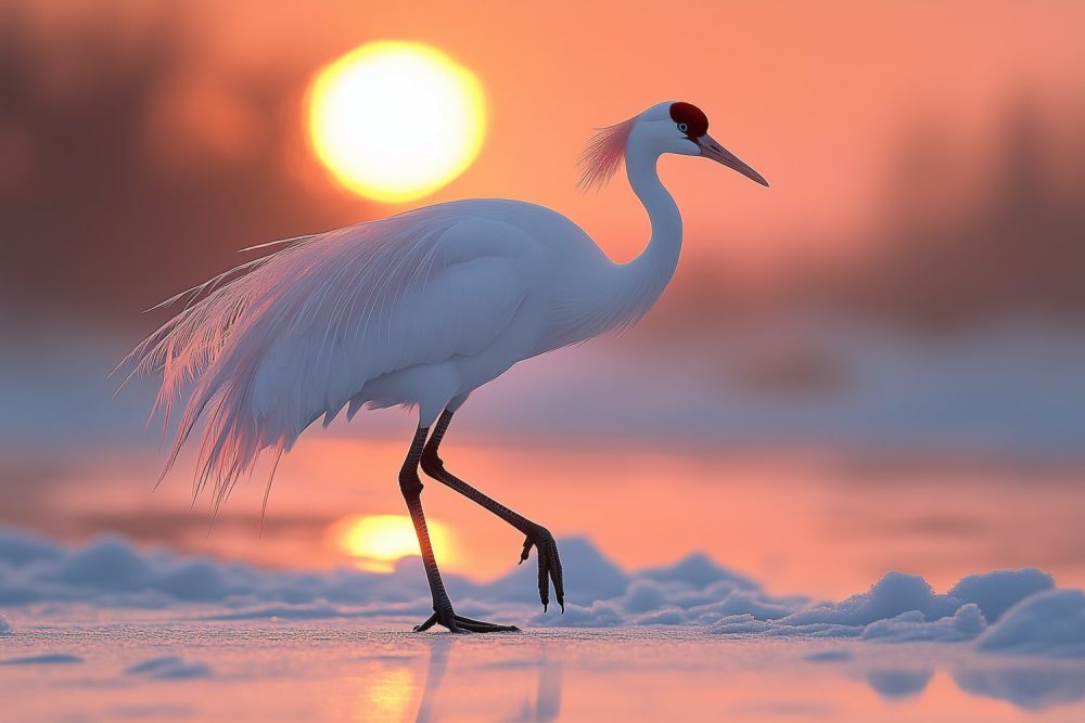 Sneeuwreiger bij zonsondergang behang