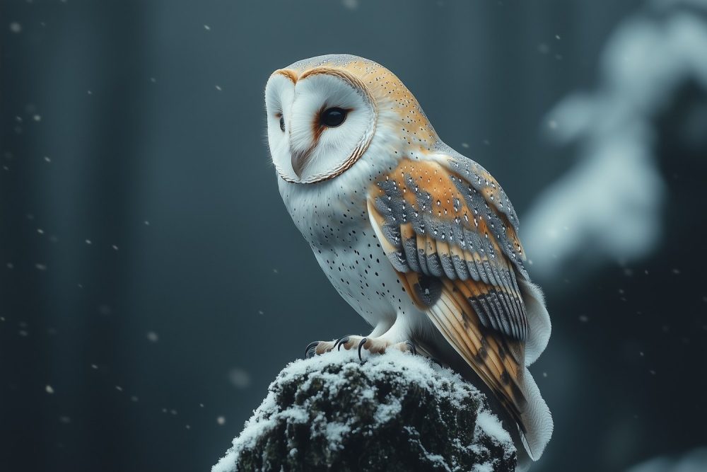 Sneeuwuil op besneeuwde rots behang