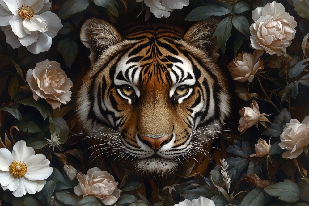 Tijger in bloemenpracht behang