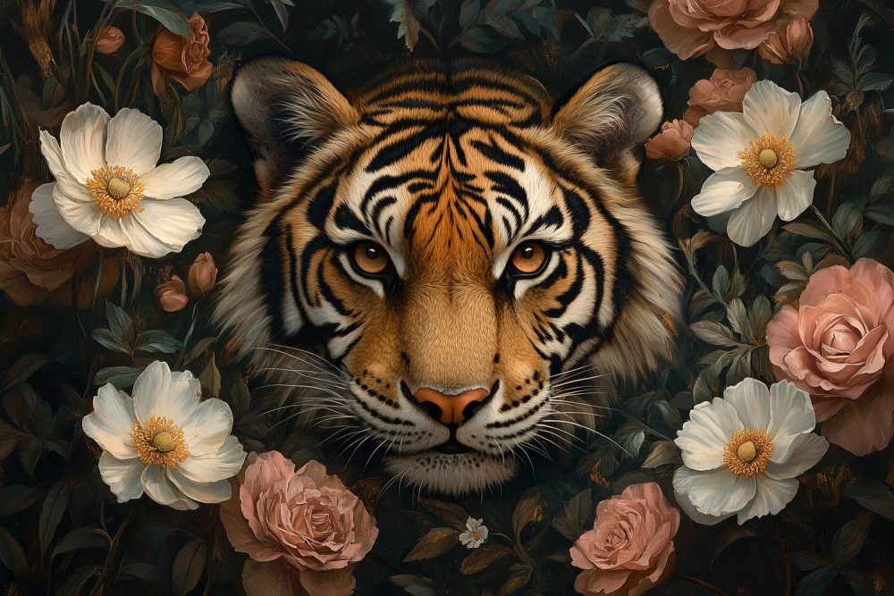 Tijger tussen bloemenpracht behang