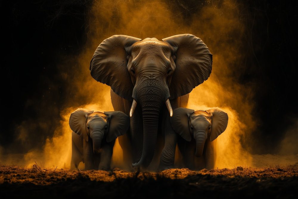 Majestueuze olifantenfamilie in vlammen behang