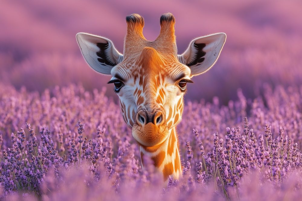 Giraf in Lavendelveld behang