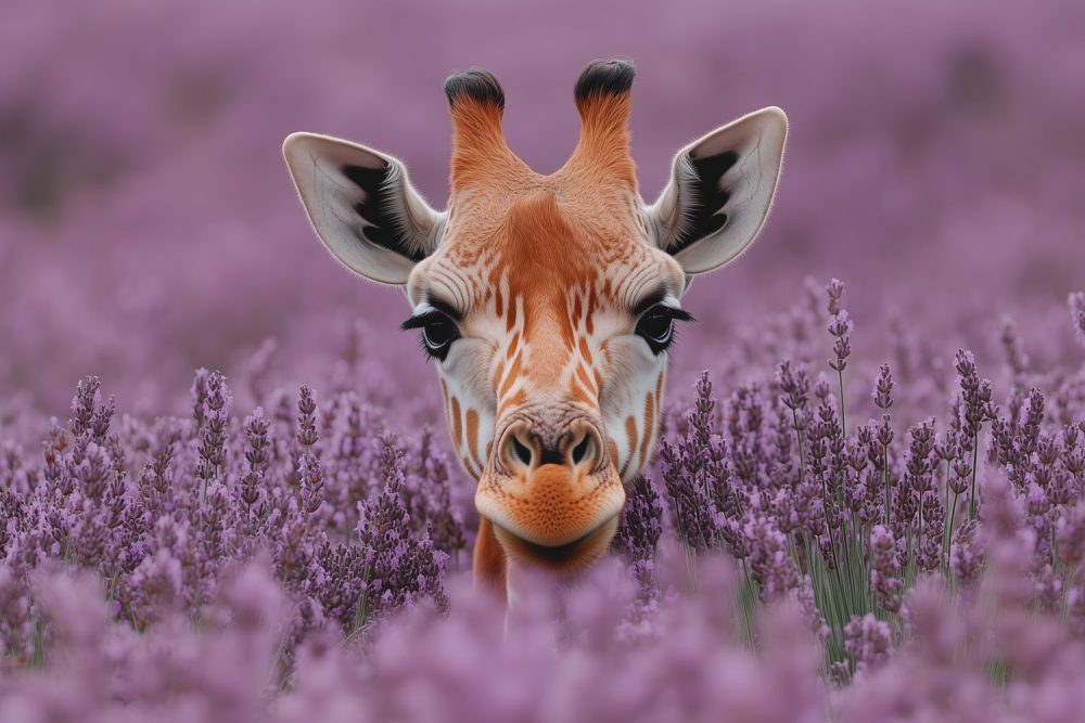 Giraf in paarse bloemen behang