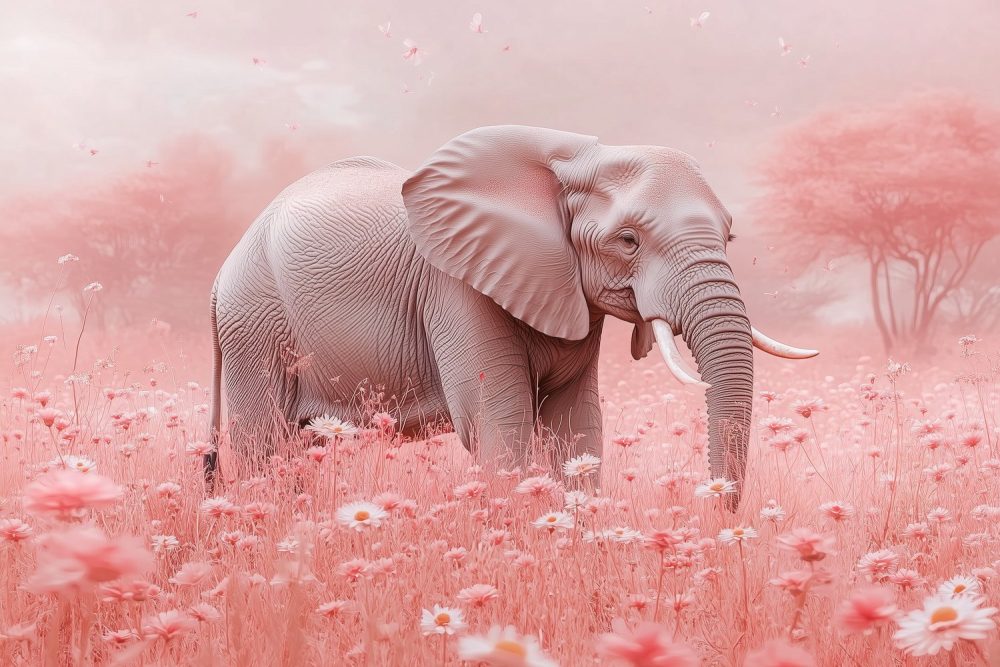 Roze bloemenveld majestueuze olifant behang