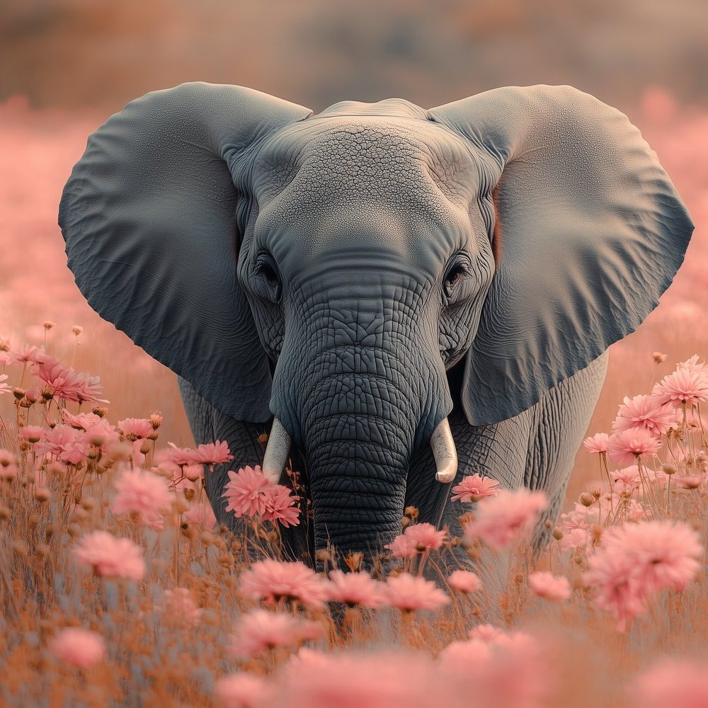 Grijze olifant in roze bloemen behang
