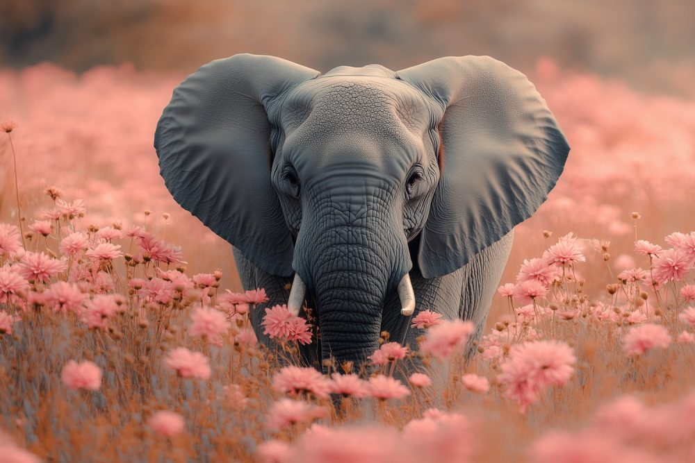 Grijze olifant in roze bloemen behang