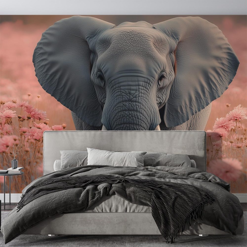 Alternative view of Grijze olifant in roze bloemen behang