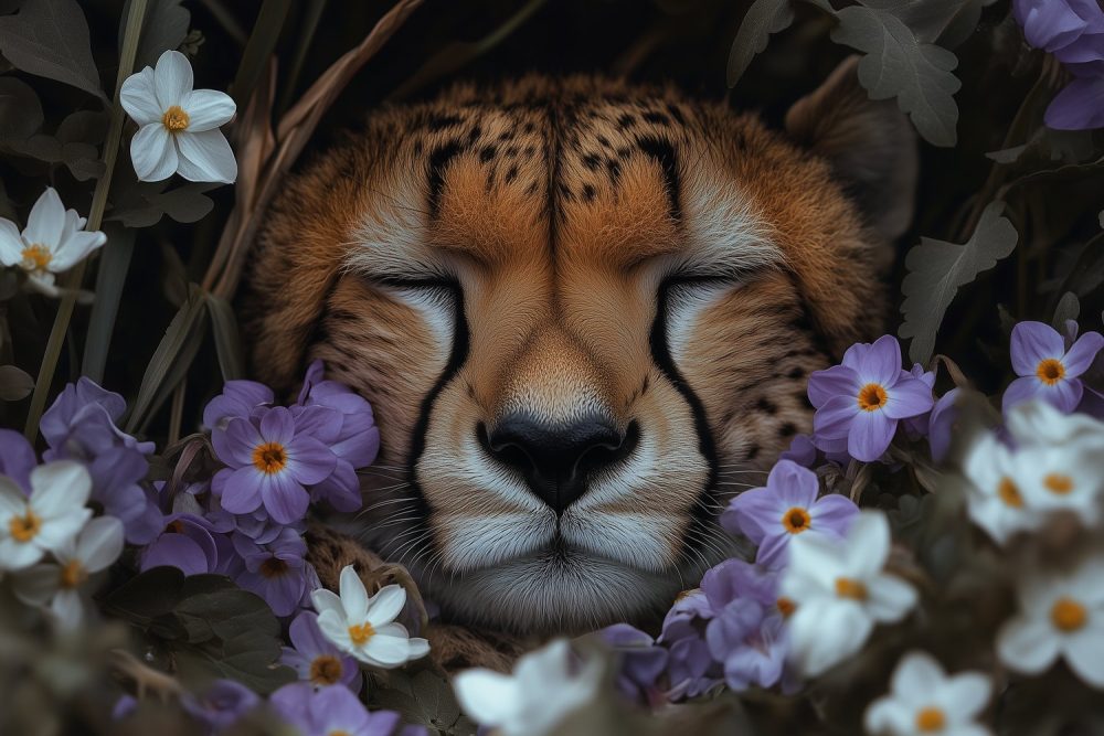 Sluimerende jachtluipaard tussen bloemen behang