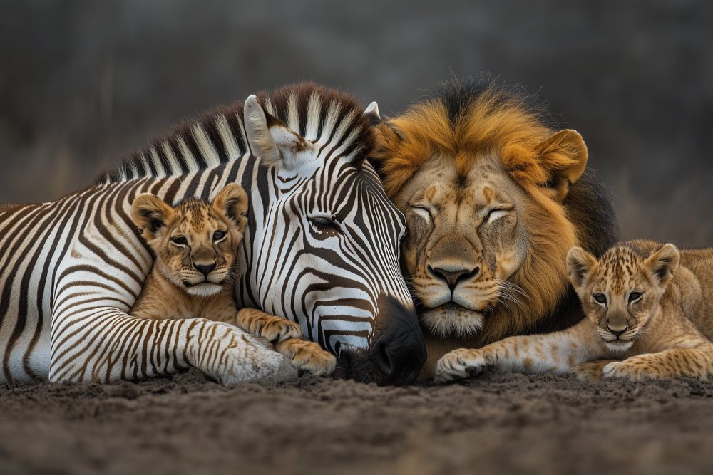 Zebra en leeuwenwelpen samen behang