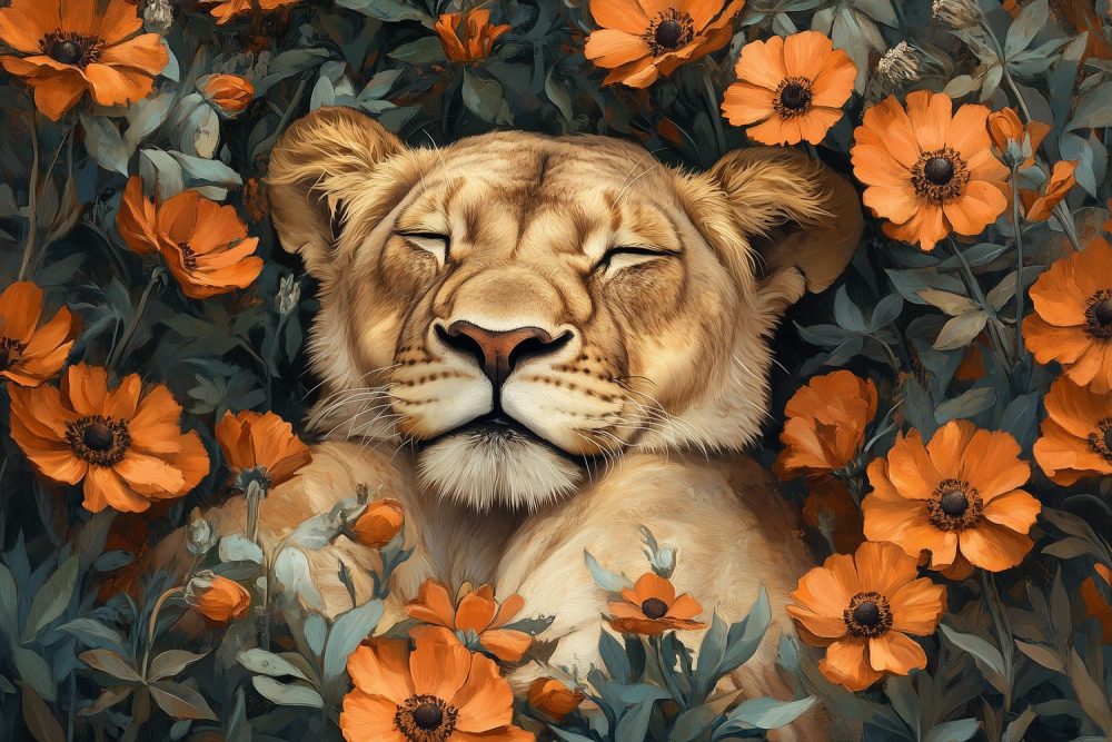 Leeuwin in oranje bloemen behang
