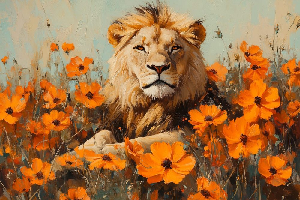 Majestueuze leeuw in bloemenveld behang