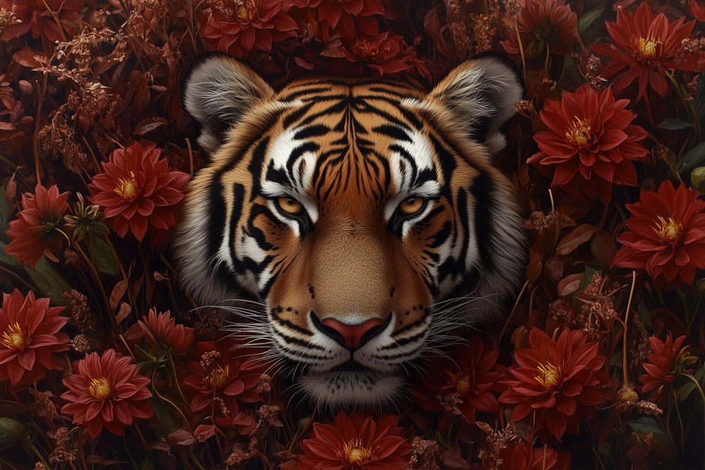 Tijger tussen rode bloemen behang