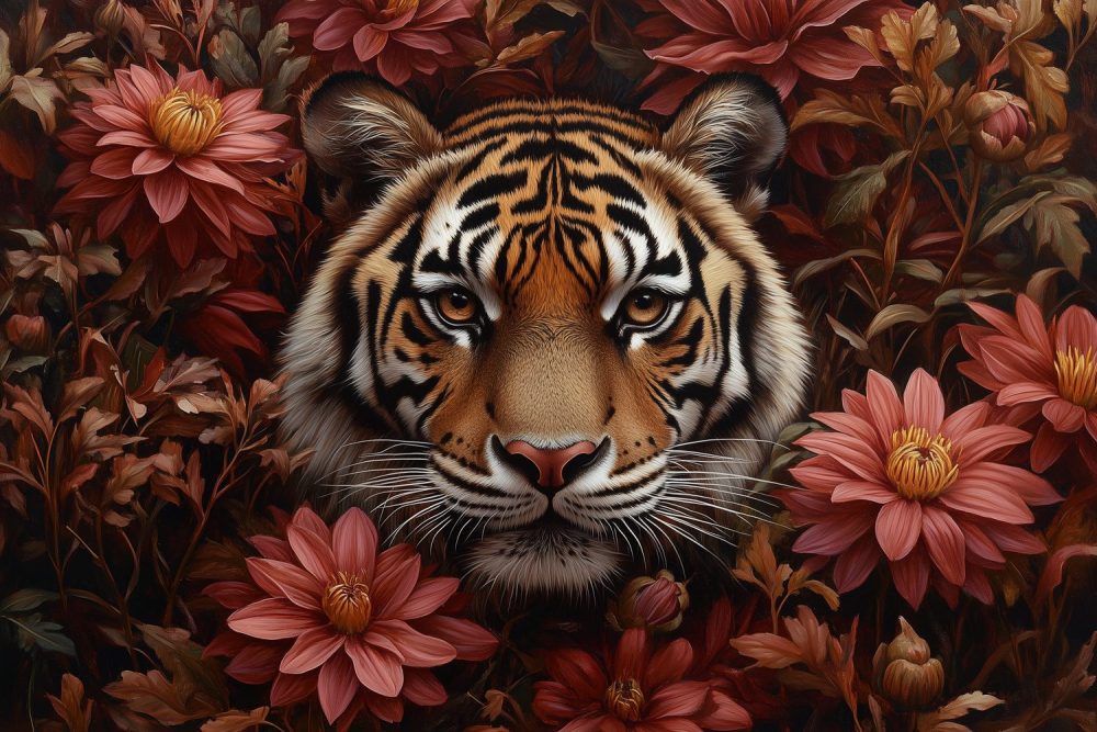 Tijger tussen rode bloemen behang
