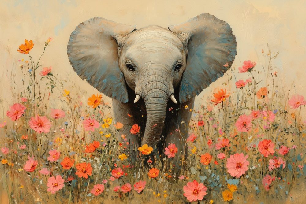 Olifant in kleurrijke bloemenweide behang