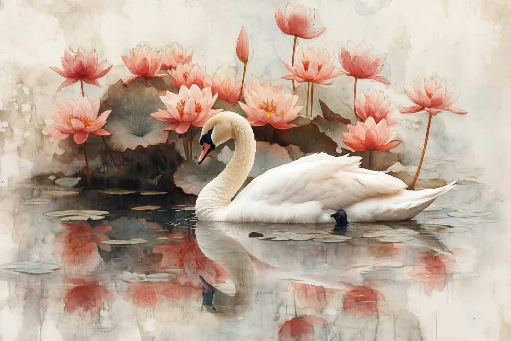 Sierlijke zwaan tussen roze bloemen behang