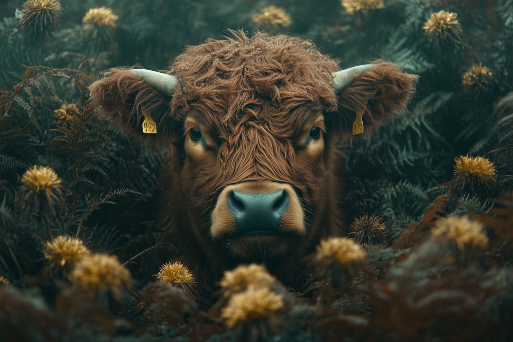 Nieuwsgierige Koe Achter Struik behang