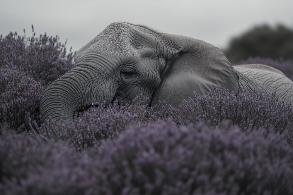 Rustende Olifant in Paarse Bloemen behang