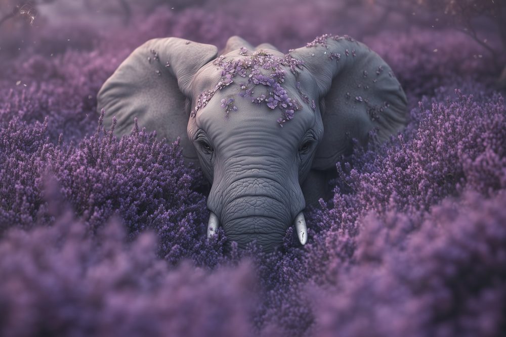 Rustige olifant in paarse bloemen behang