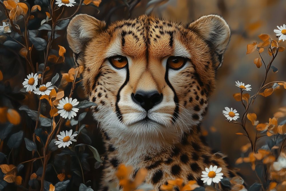 Majestueuze cheetah in bloemenpracht behang