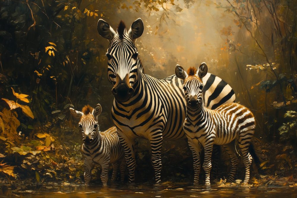 Tranquille zebrafamilie in natuur behang