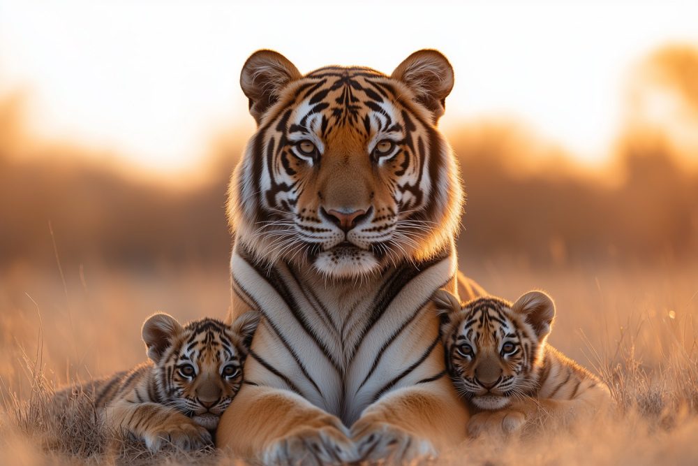 Tijgerfamilie in zonsondergang behang