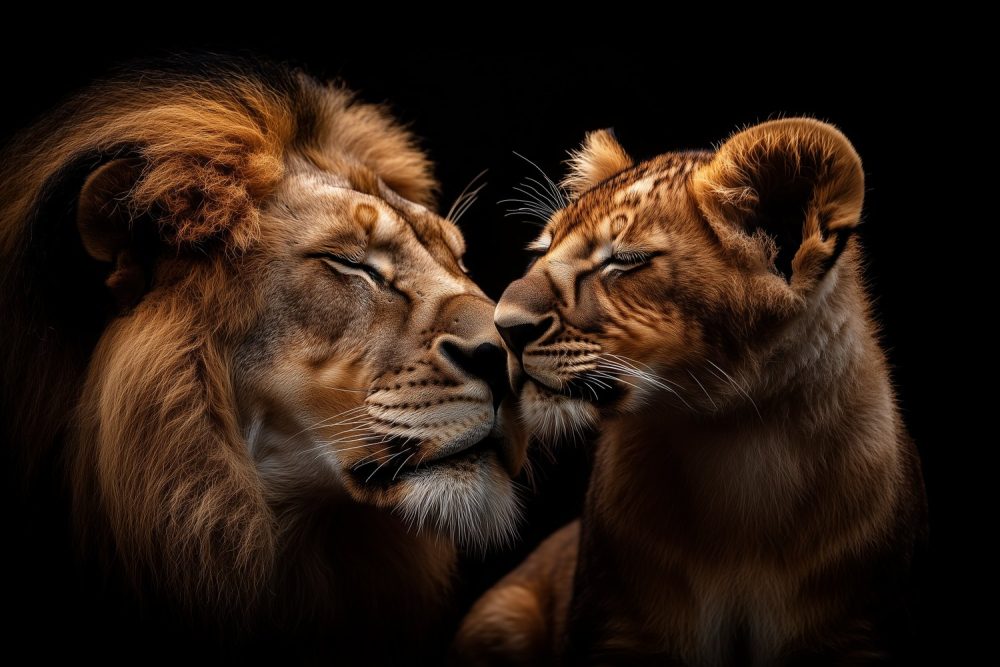 Liefdevolle leeuwenmoeder en welp behang