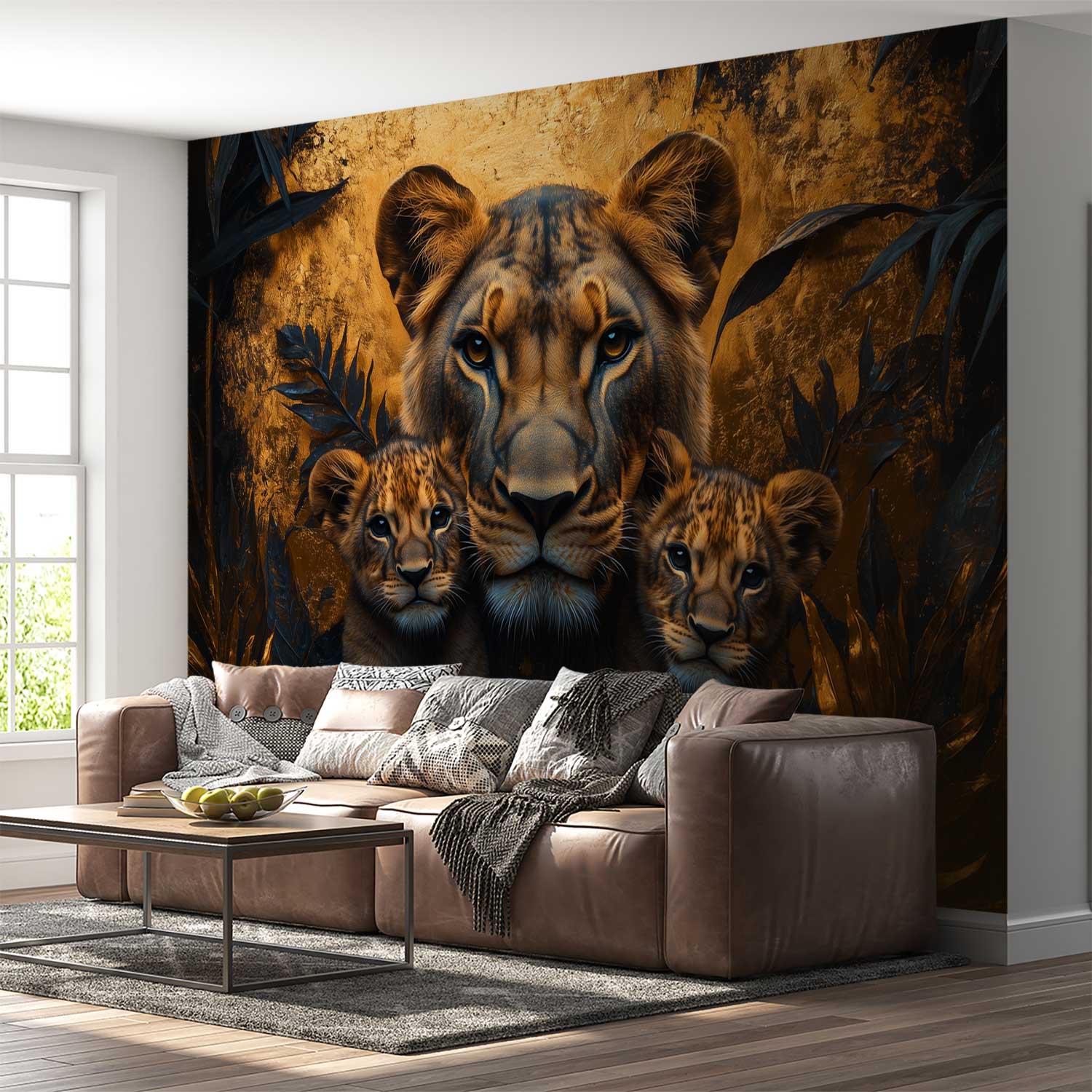 Lionin met welpjes behang - Afbeelding 2
