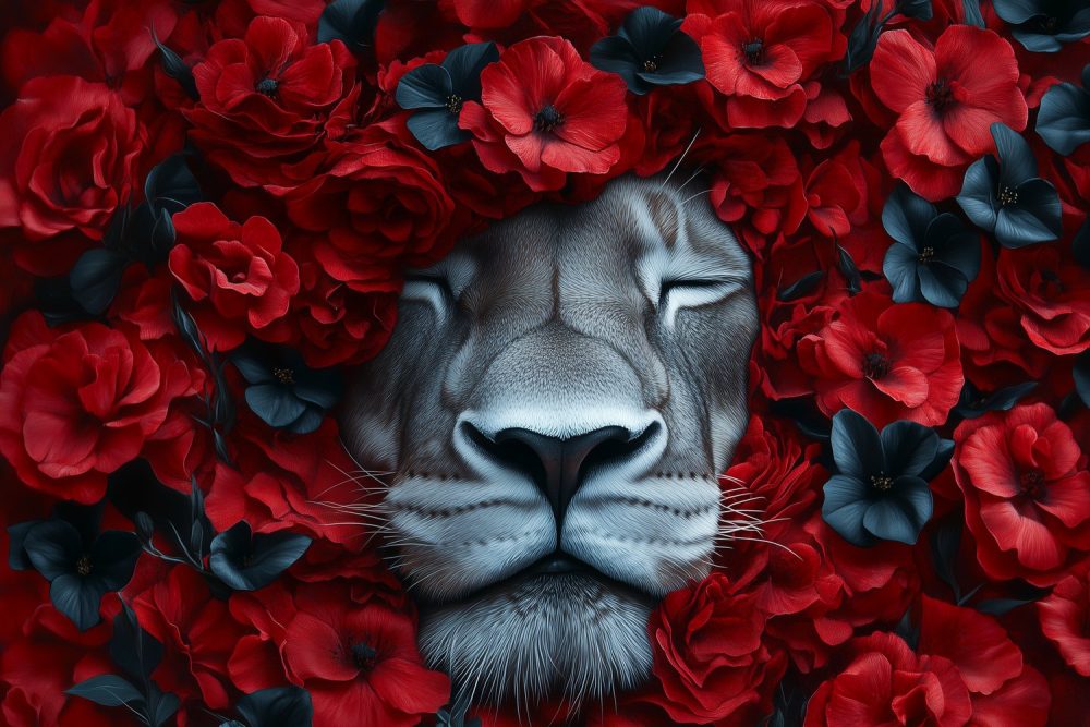 Lion Bloemen Rust Portret behang