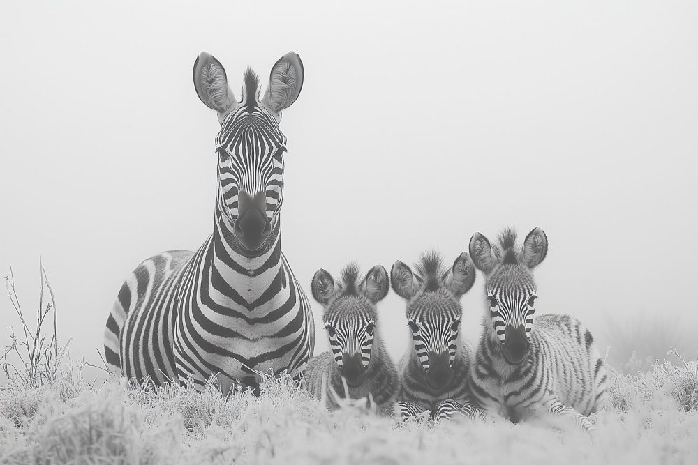 Zwart-witte zebrafamilie behang
