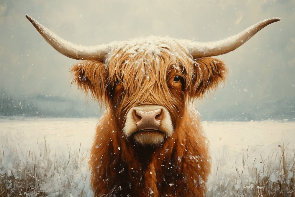 Besneeuwde Hooglander in Winter behang