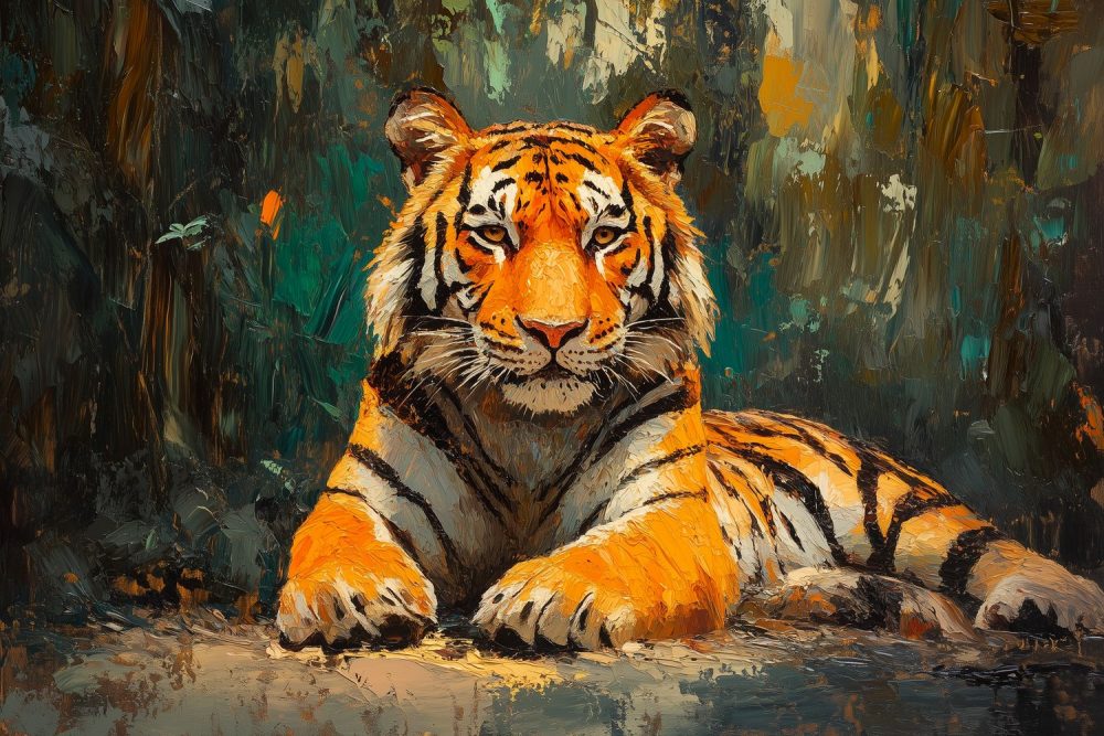 Rustende Tijger in Bos behang