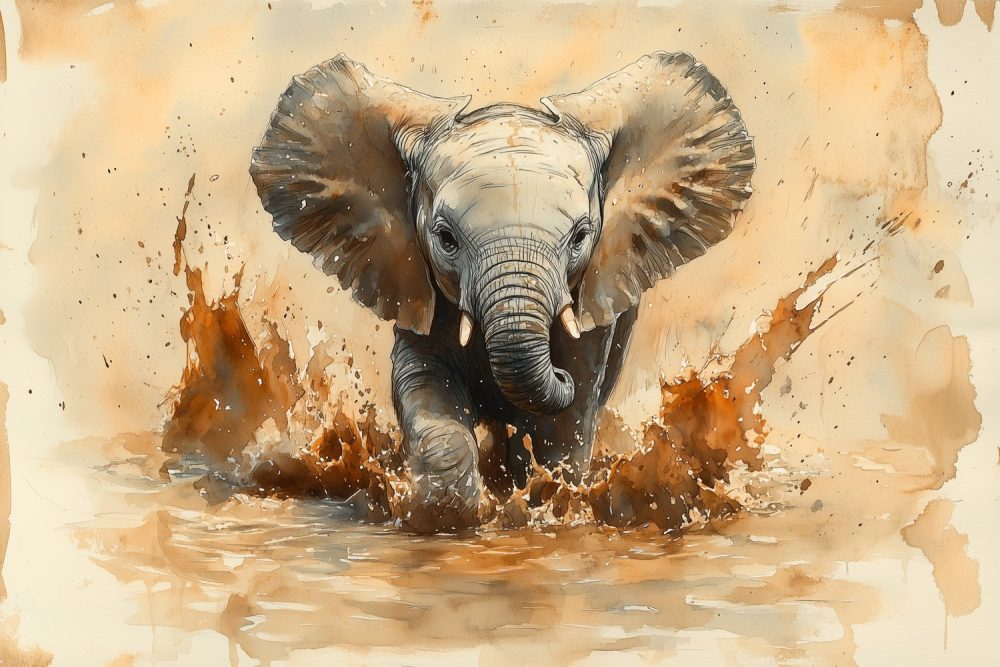 Speels olifantje in water behang