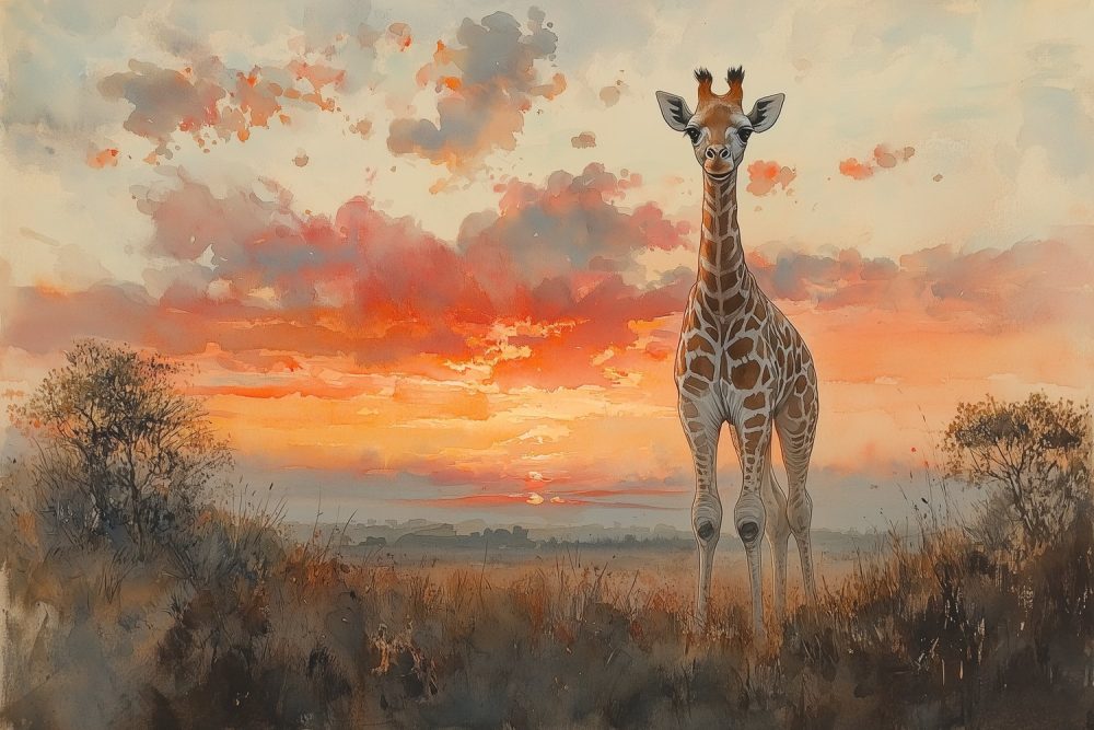 Zonsondergang met majestueuze giraffe behang
