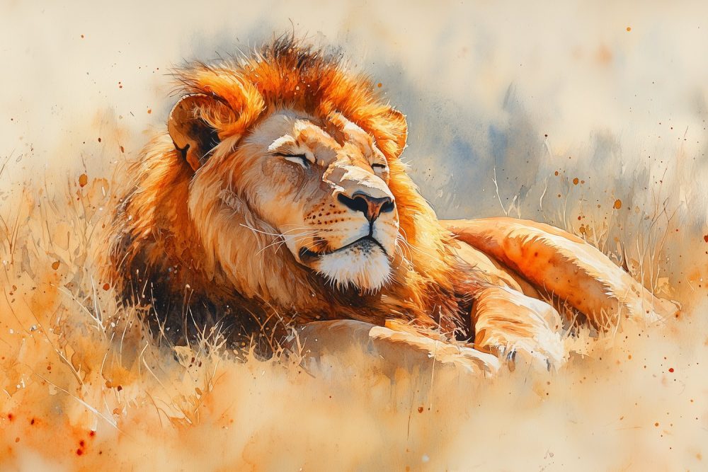 Rustende leeuw in waterverf behang