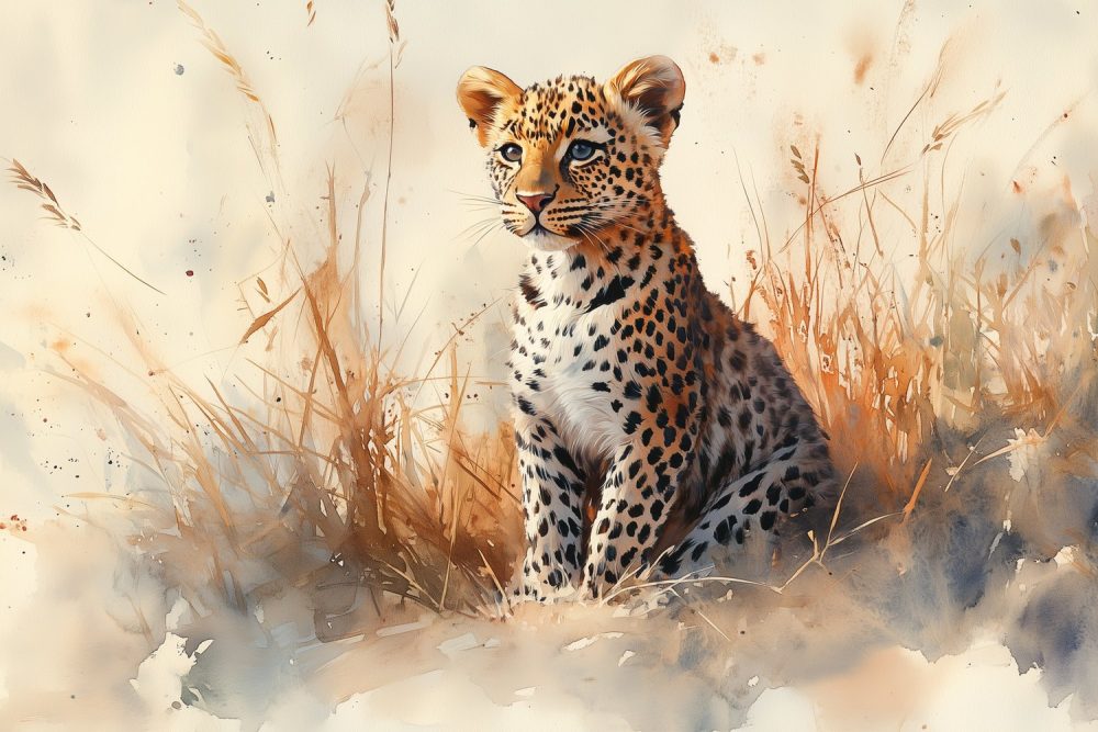 Jonge luipaard in gras behang