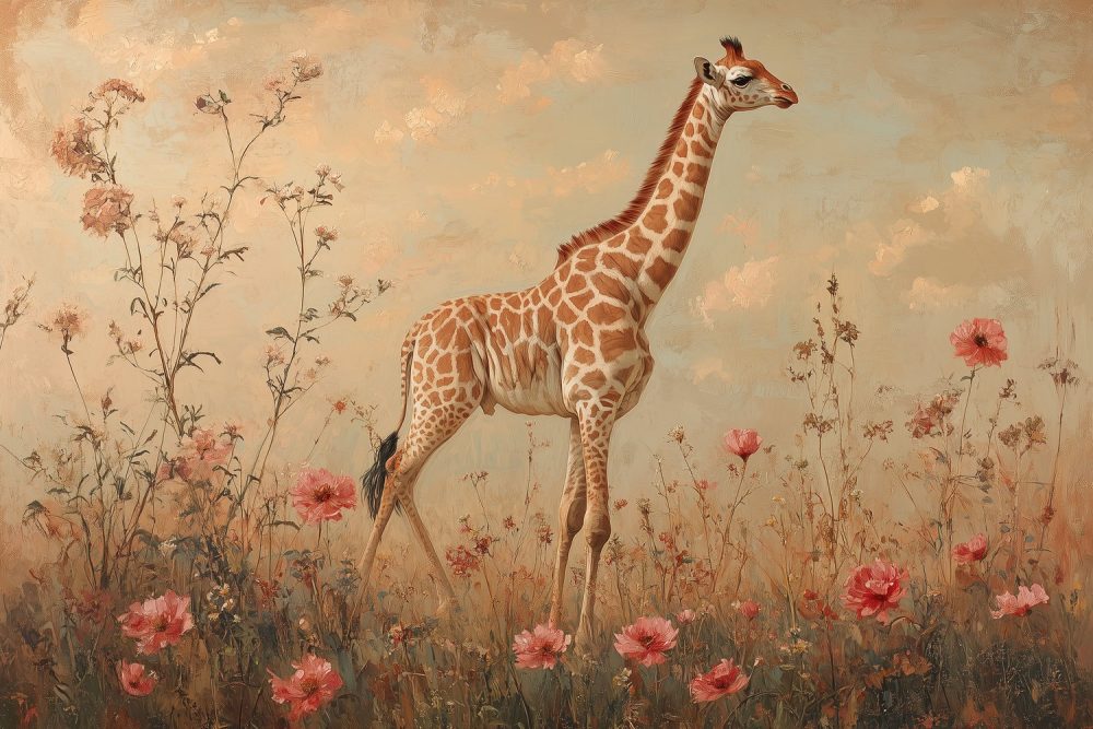 Tranquille giraf in bloemenveld behang