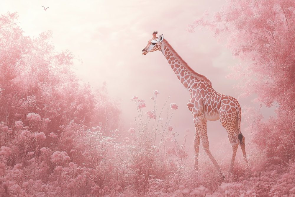 Giraf in roze bloemenveld behang