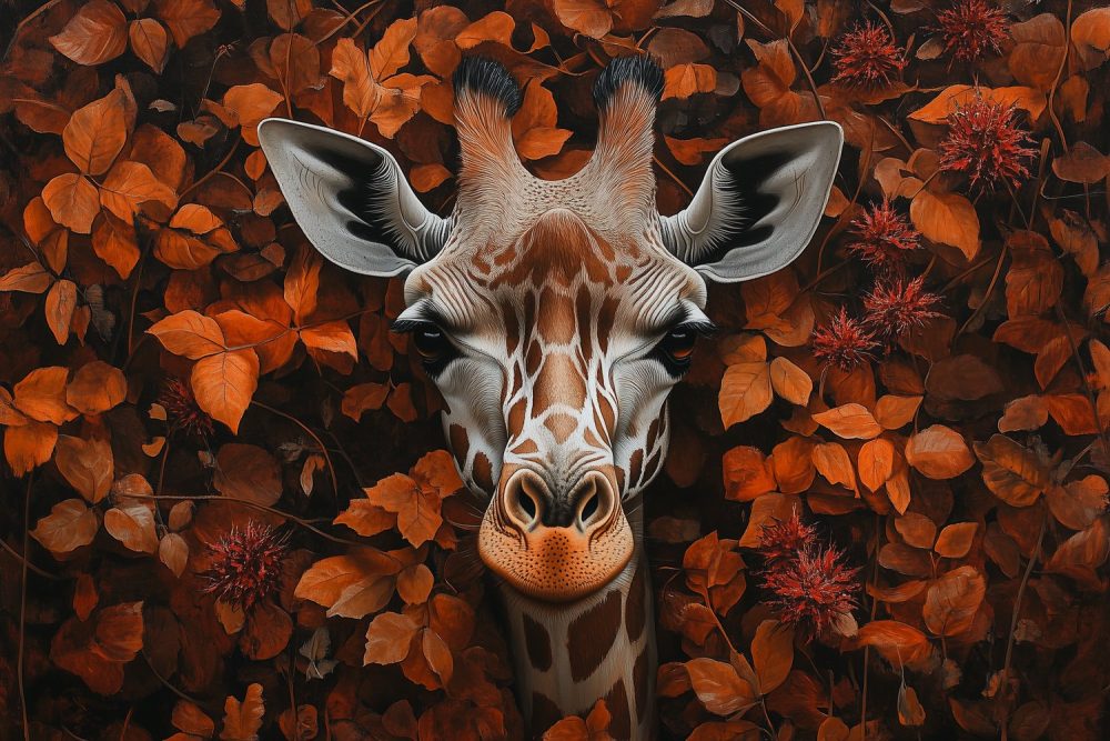 Giraf tussen oranje bladeren behang