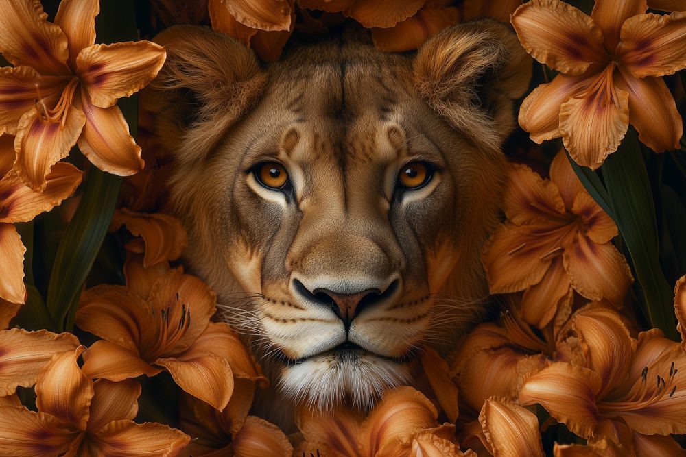 Leeuw tussen oranje lelies behang