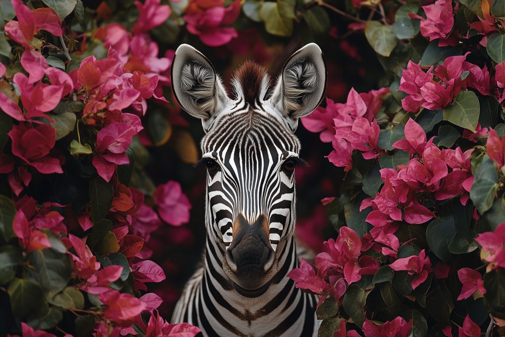 Zebra in kleurrijke bloemenpracht behang