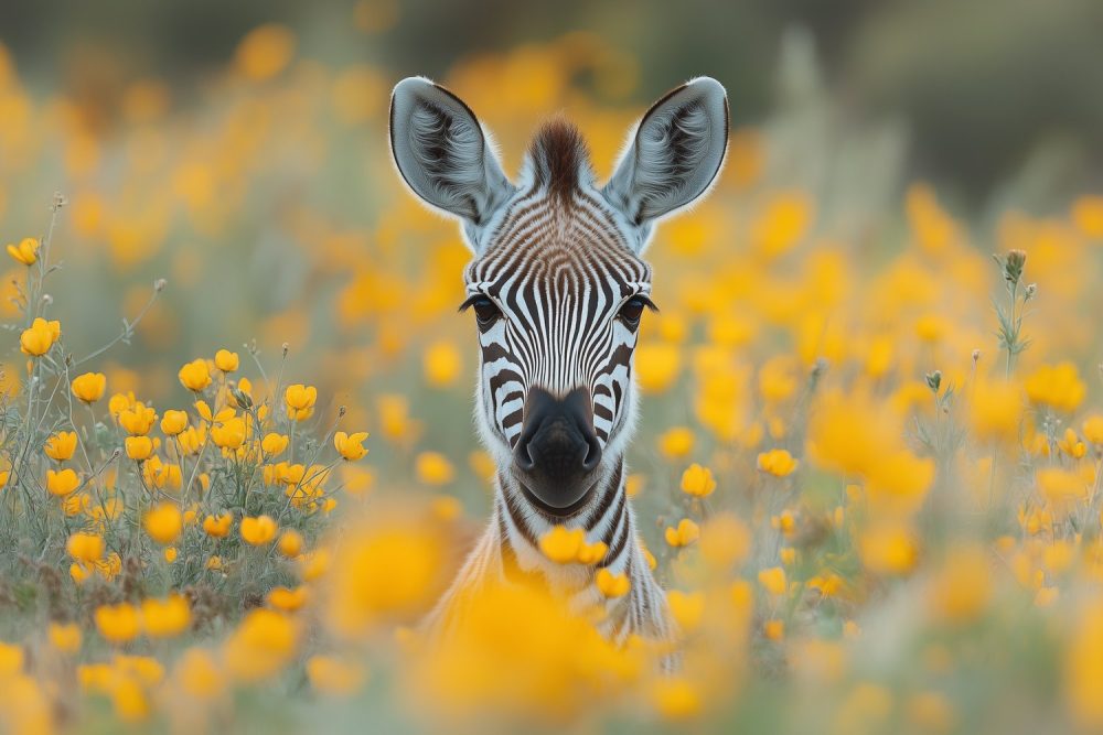 Zebra in Geel Bloemenveld behang