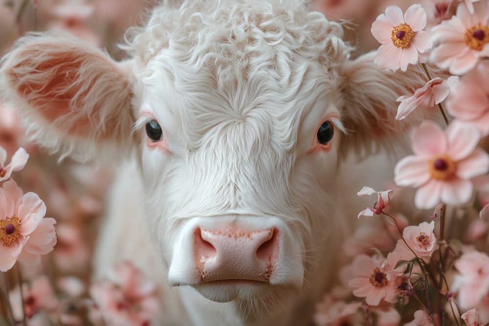 Witte koe in roze bloemen behang