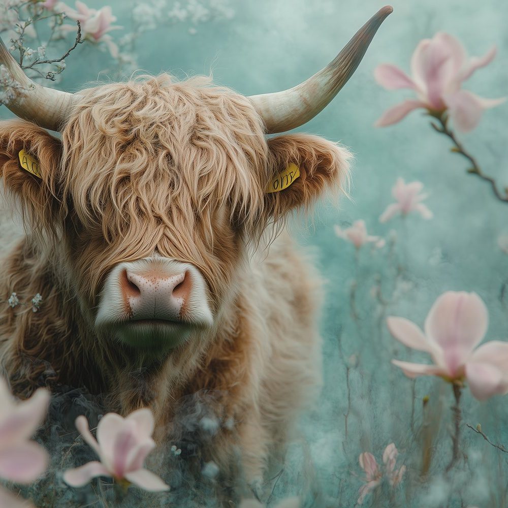 Harige koe in roze bloemen behang