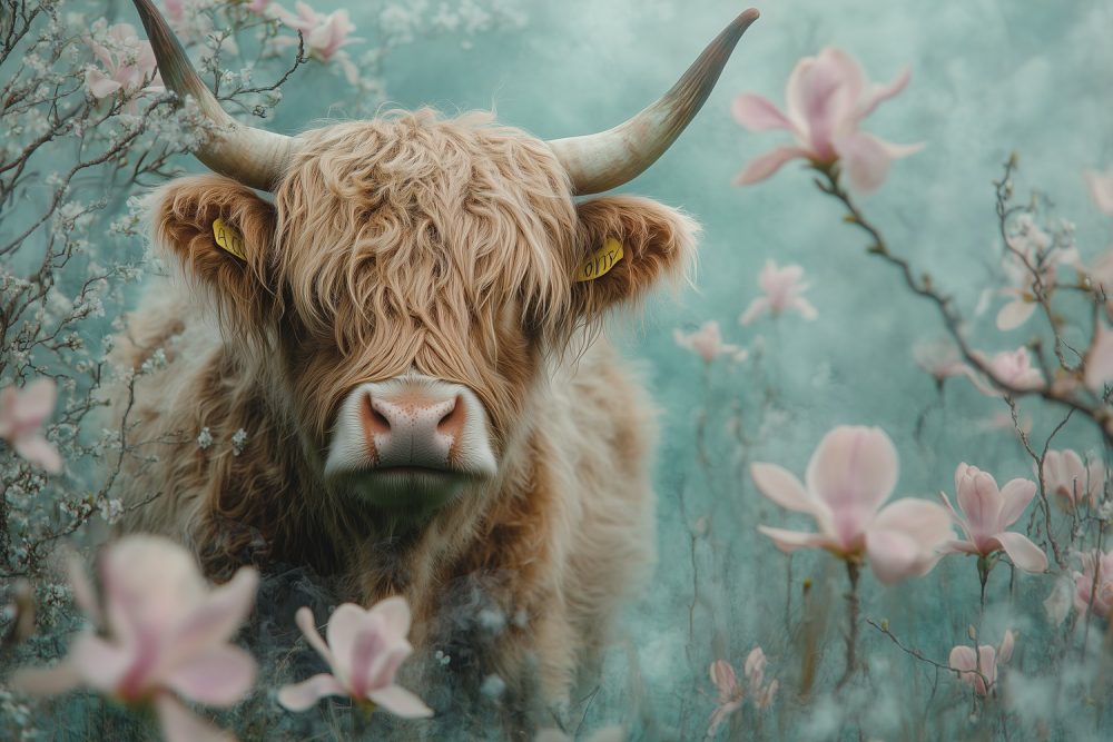 Harige koe in roze bloemen behang